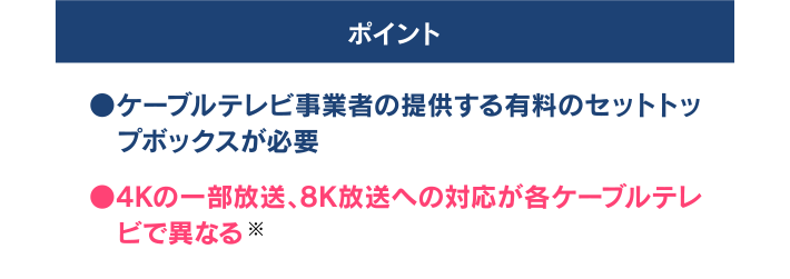 [ポイント] ●ケーブルテレビ事業者の提供する有料のセットトップボックスが必要 ●4Kの一部放送、8K放送への対応が各ケーブルテレビで異なる ※